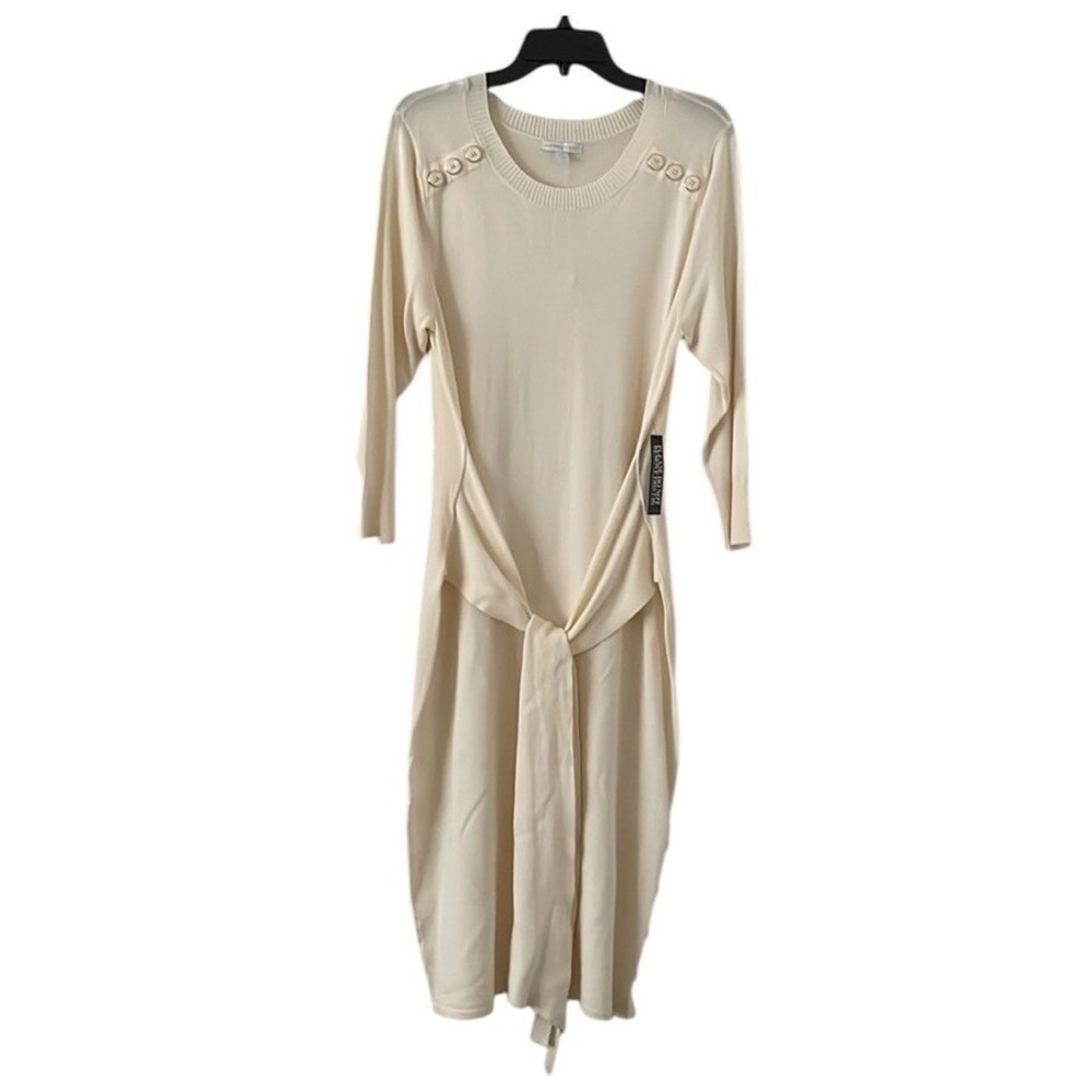 New York & Company Women's Cream Soft Knit Waist Tie‎ Midi Sweater Dress Size L